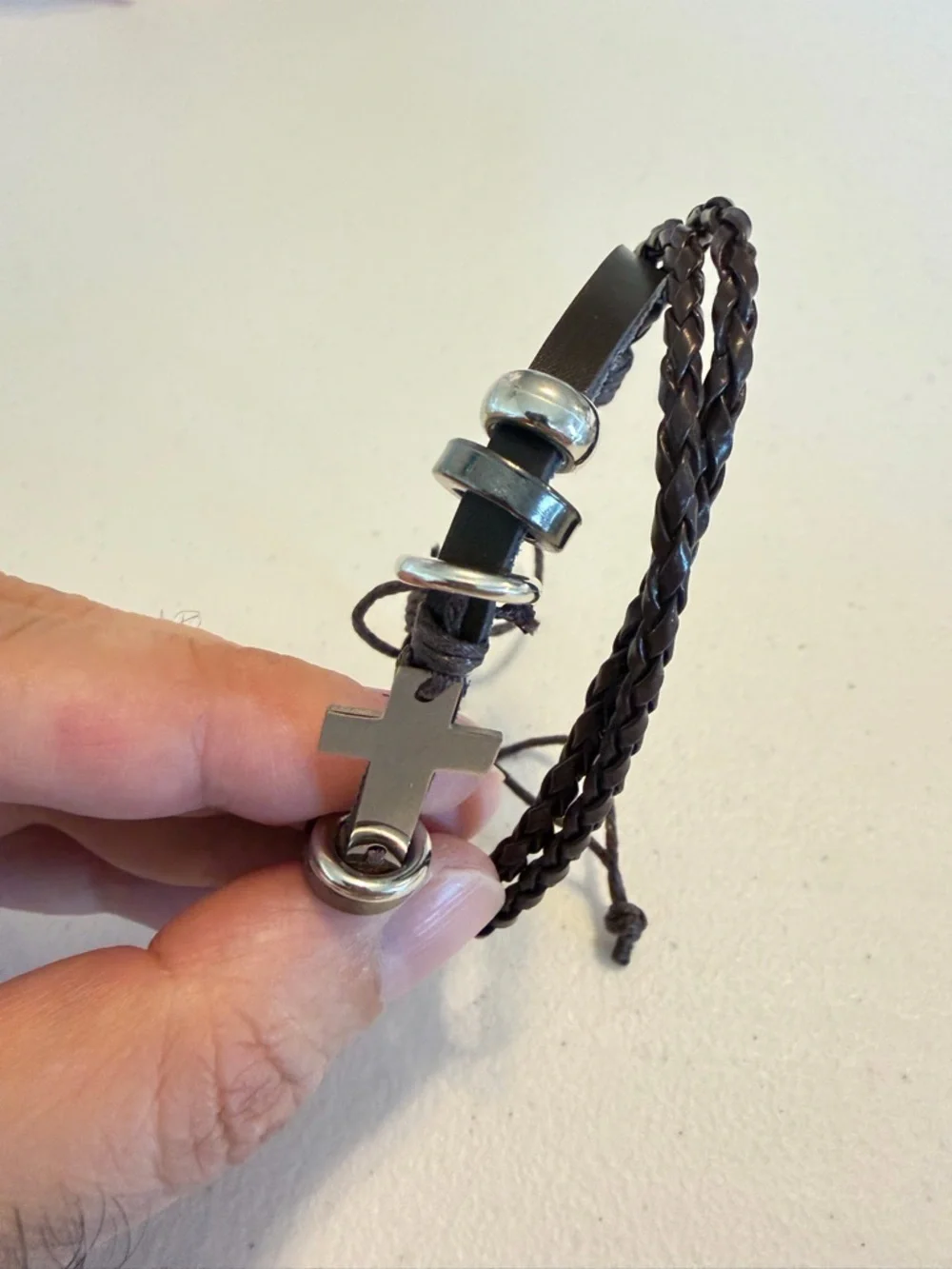 Braided Brown Bracelet With Cross.